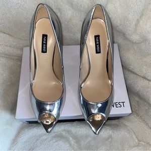 Nine West Metallic Mirrored Silver Open Toe Heels Size 9.5